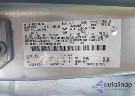 2014 Ford Escape Se z USA, uszkodzony, nr VIN 1FMCU9GX9EUA36581